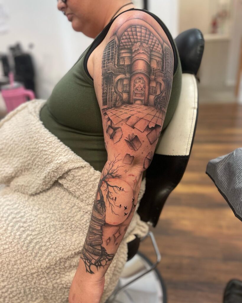 Full Sleeve Library Bookshelf Tattoo
