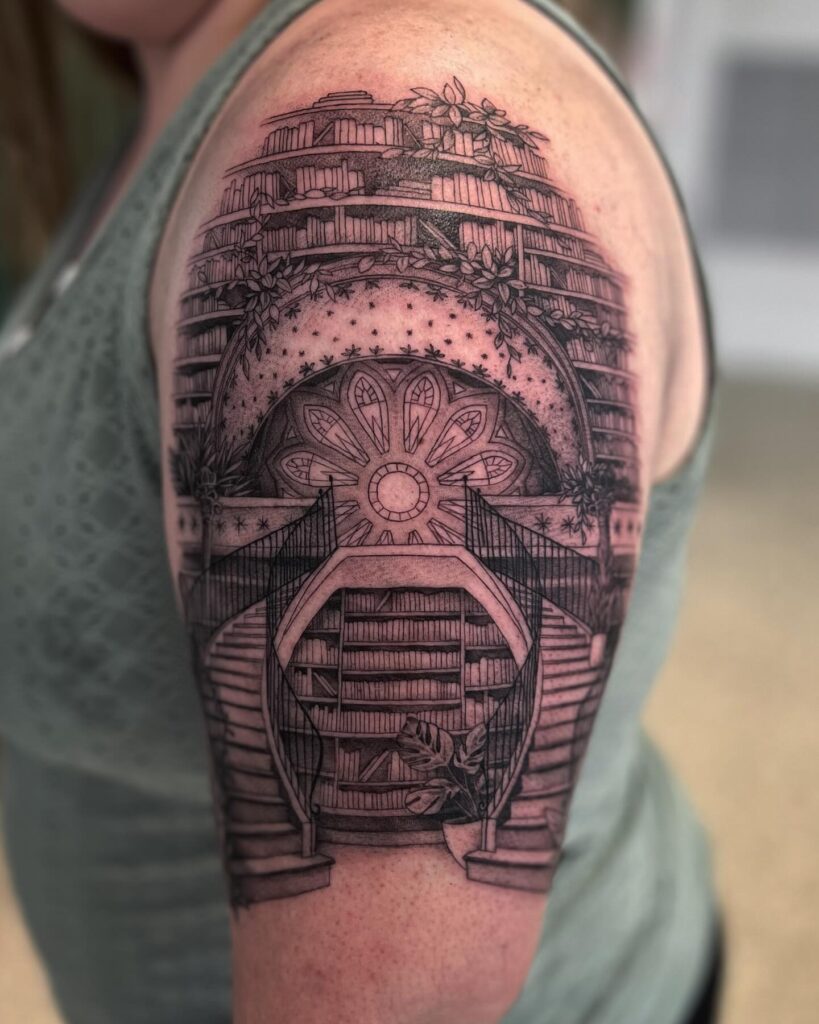 Flowing Hair Library Portrait Tattoo
