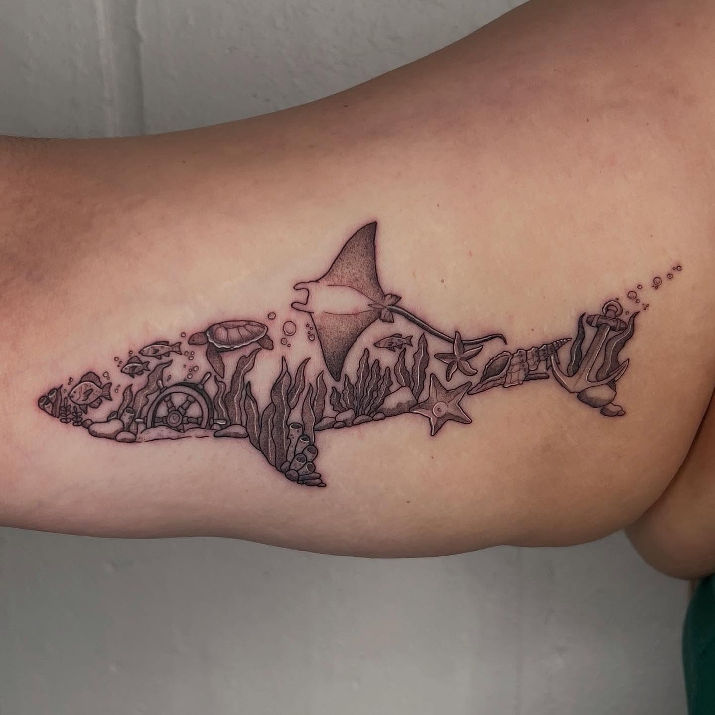Great White Shark Silhouette with Kelp Forest ocean tattoo
