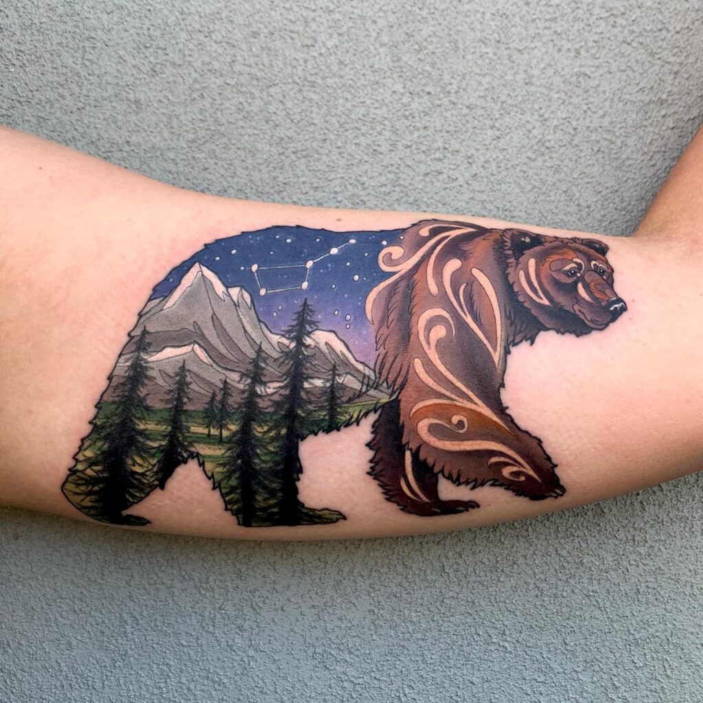 Grizzly Bear Silhouette with Ursa Major Sky nature scene tattoo