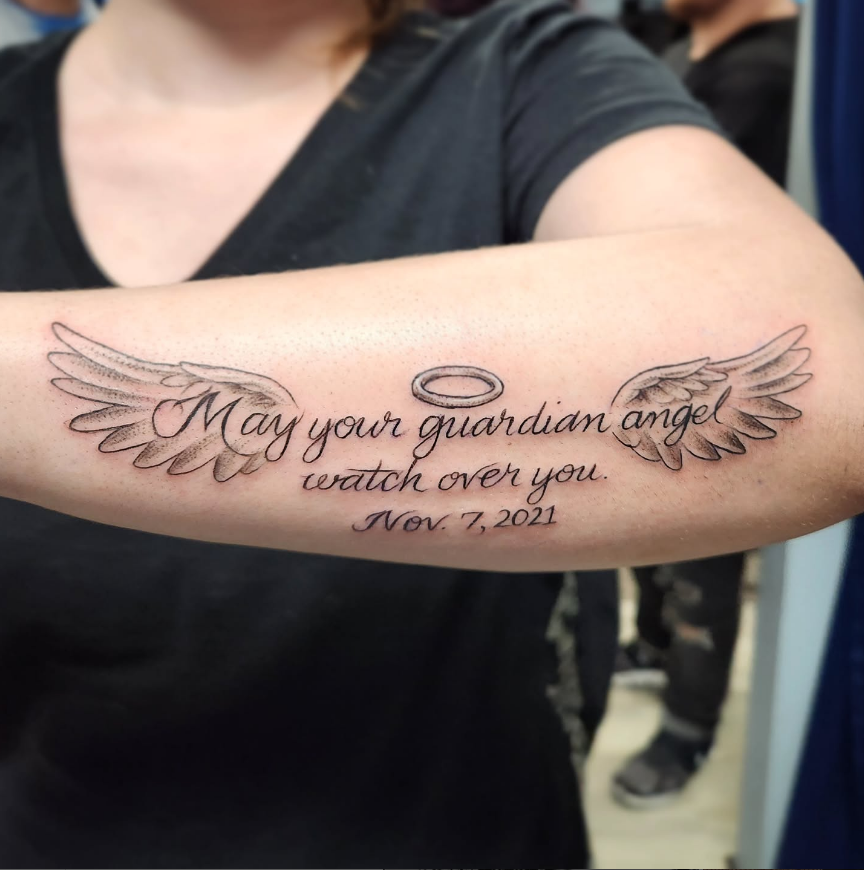 Guardian Angel Wings Tattoo with Date angel wings tattoo ideas tattoo