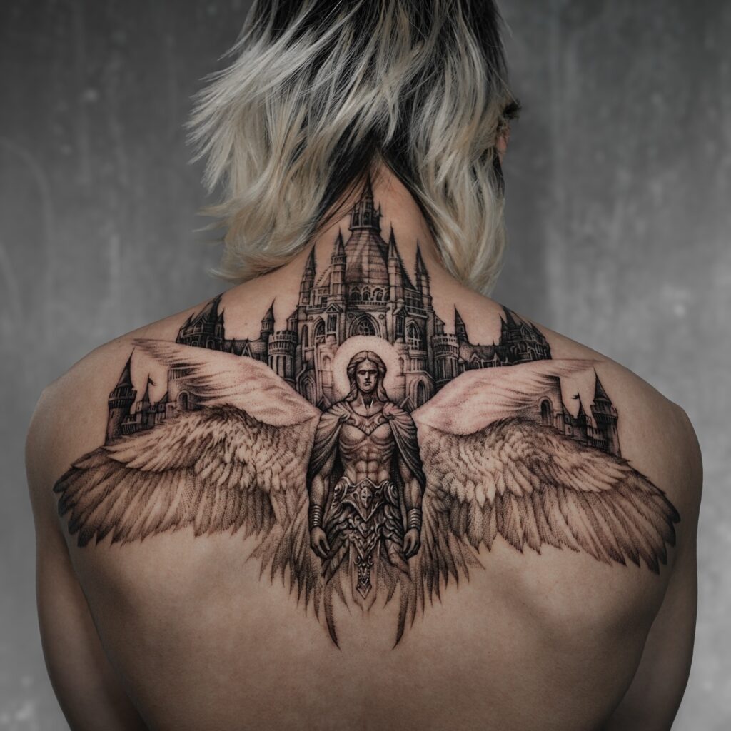 Guardian Archangel and Celestial Fortress Tattoo angel tattoo ideas tattoo