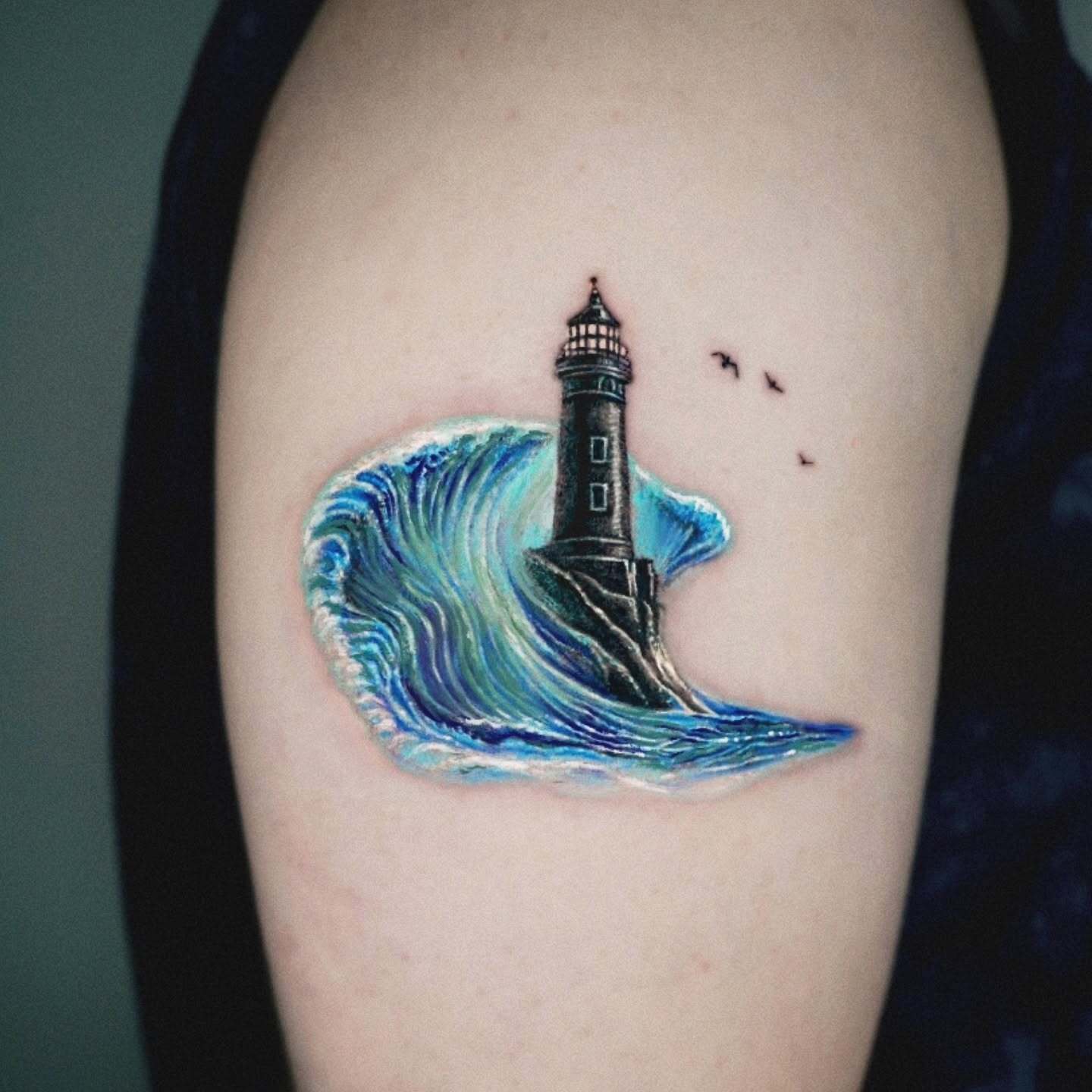 Guardian Lighthouse Against Crashing Surf ocean tattoo