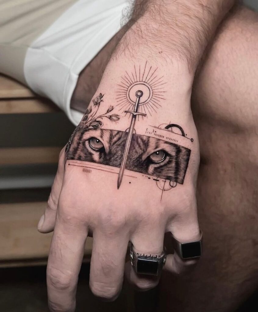 Guardian Tiger and Sword Tattoo hand tattoo ideas for guys tattoo