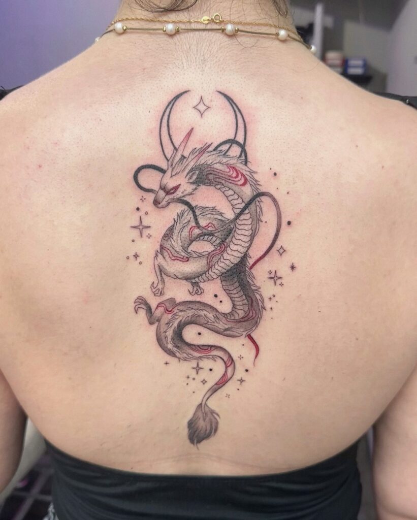 Dragon And Blossoms Back Tattoo