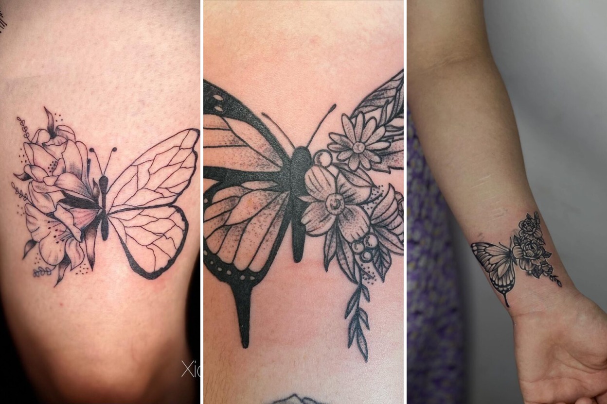 Aesthetic half butterfly half flower tattoos and delicate ink ideas collage