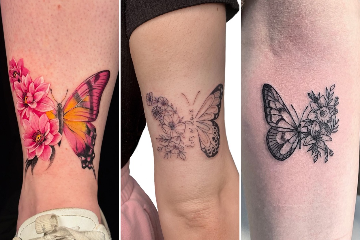 Aesthetic half butterfly half flower tattoos and delicate ink ideas collage