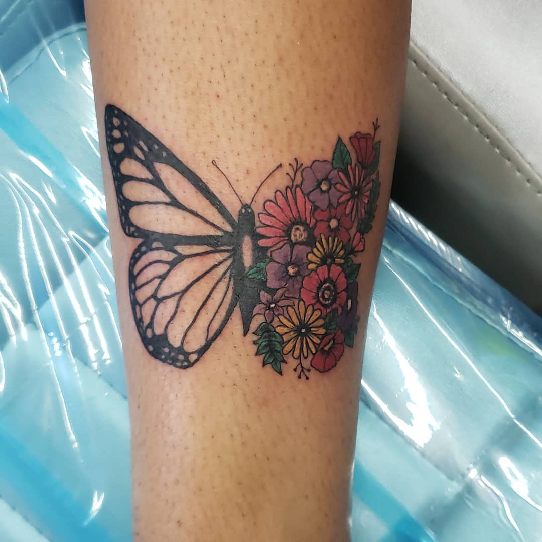 Colorful Half Butterfly Half Flower Tattoo half butterfly half flower tattoos tattoo