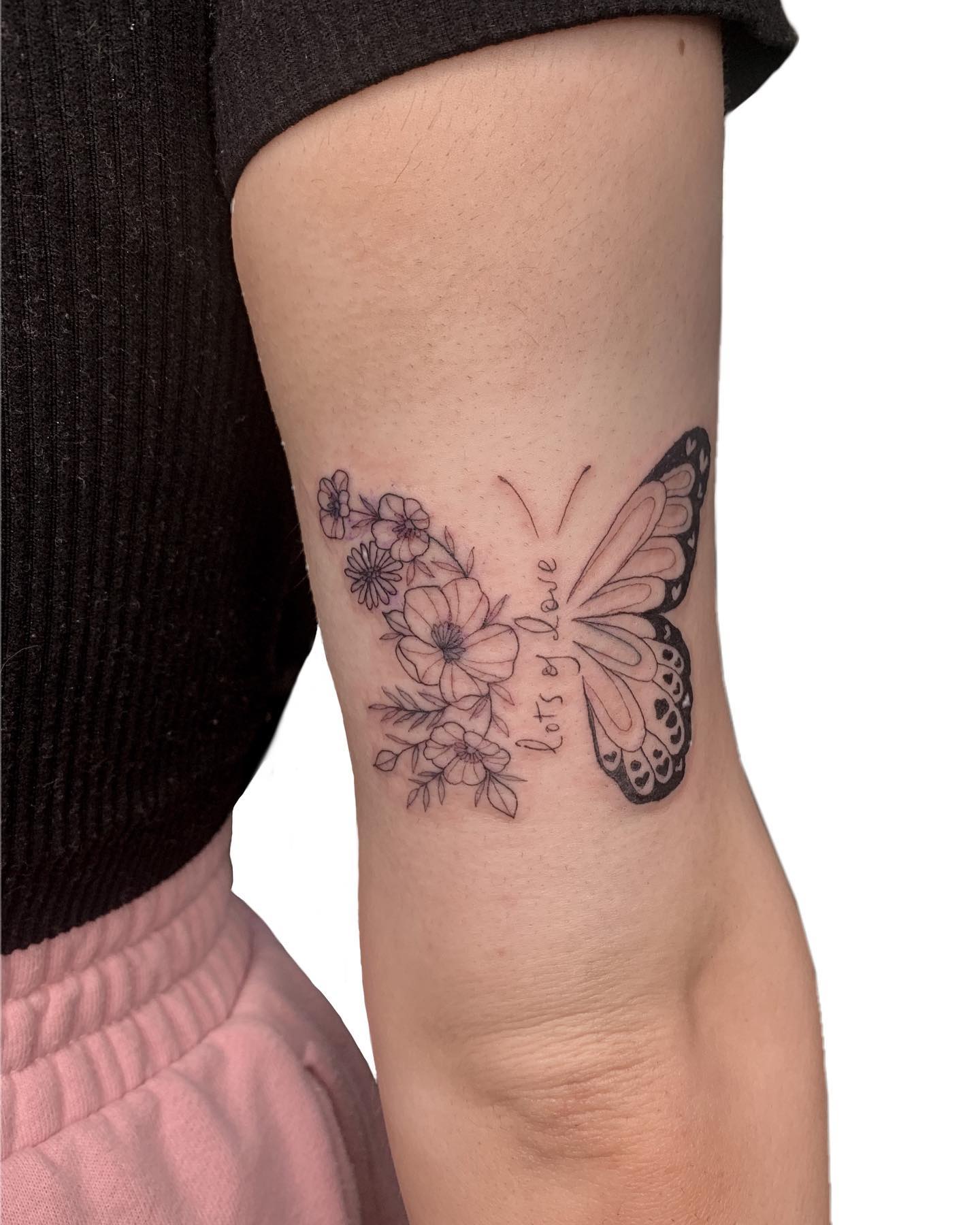 Black and Gray Half Butterfly Half Flower Tattoo half butterfly half flower tattoos tattoo