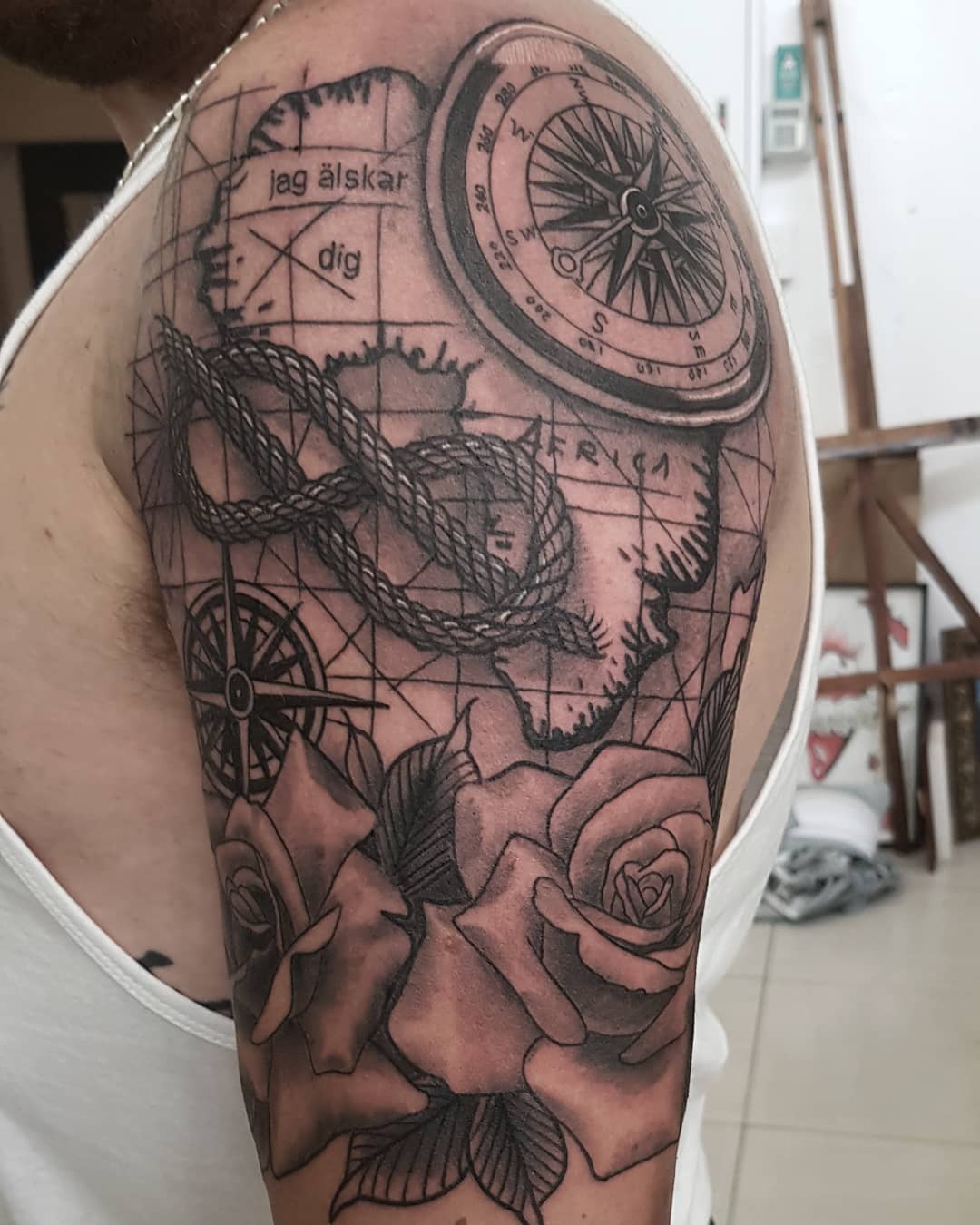 Compass And World Map Half Sleeve Tattoo