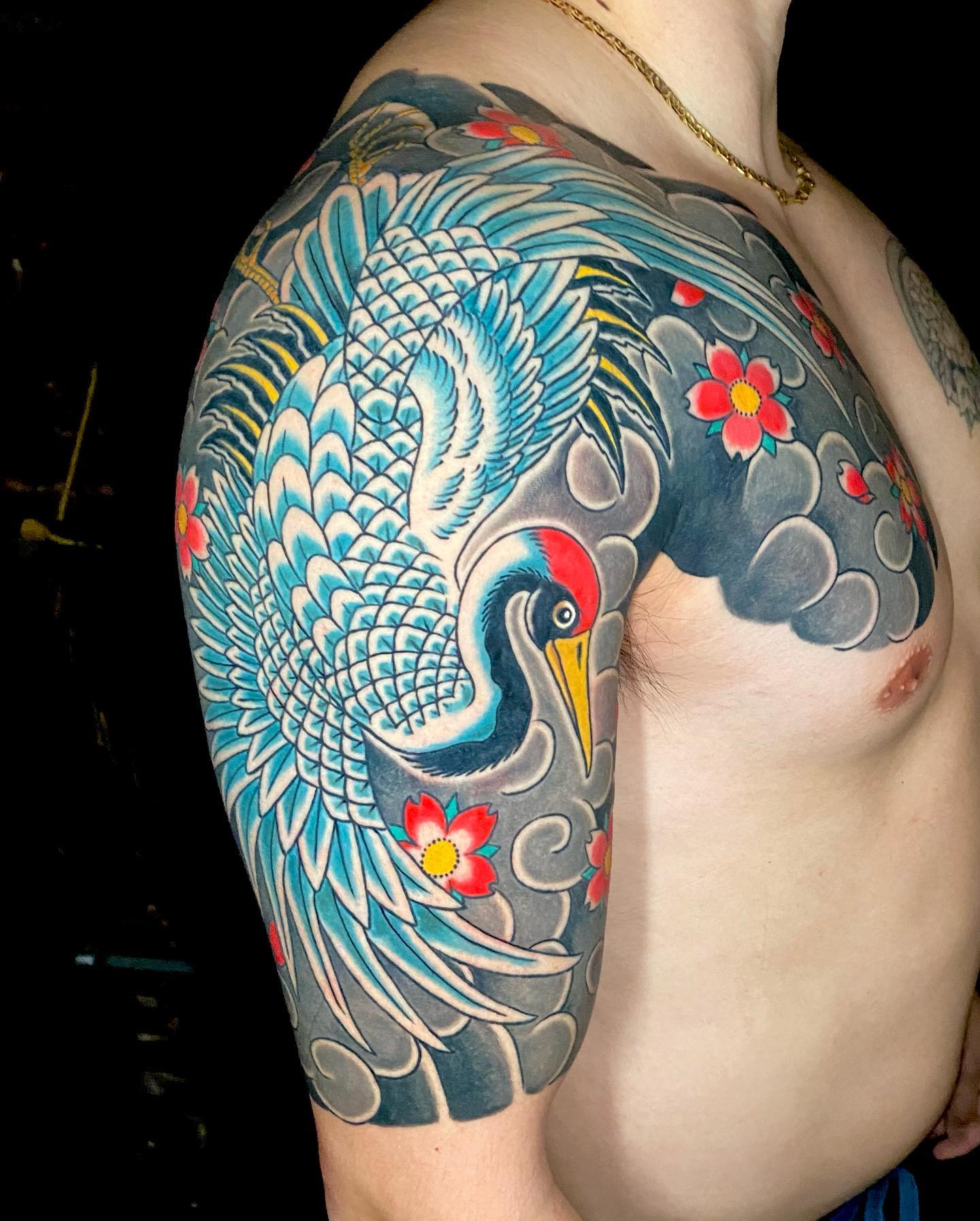 Japanese Crane Half Sleeve Tattoo