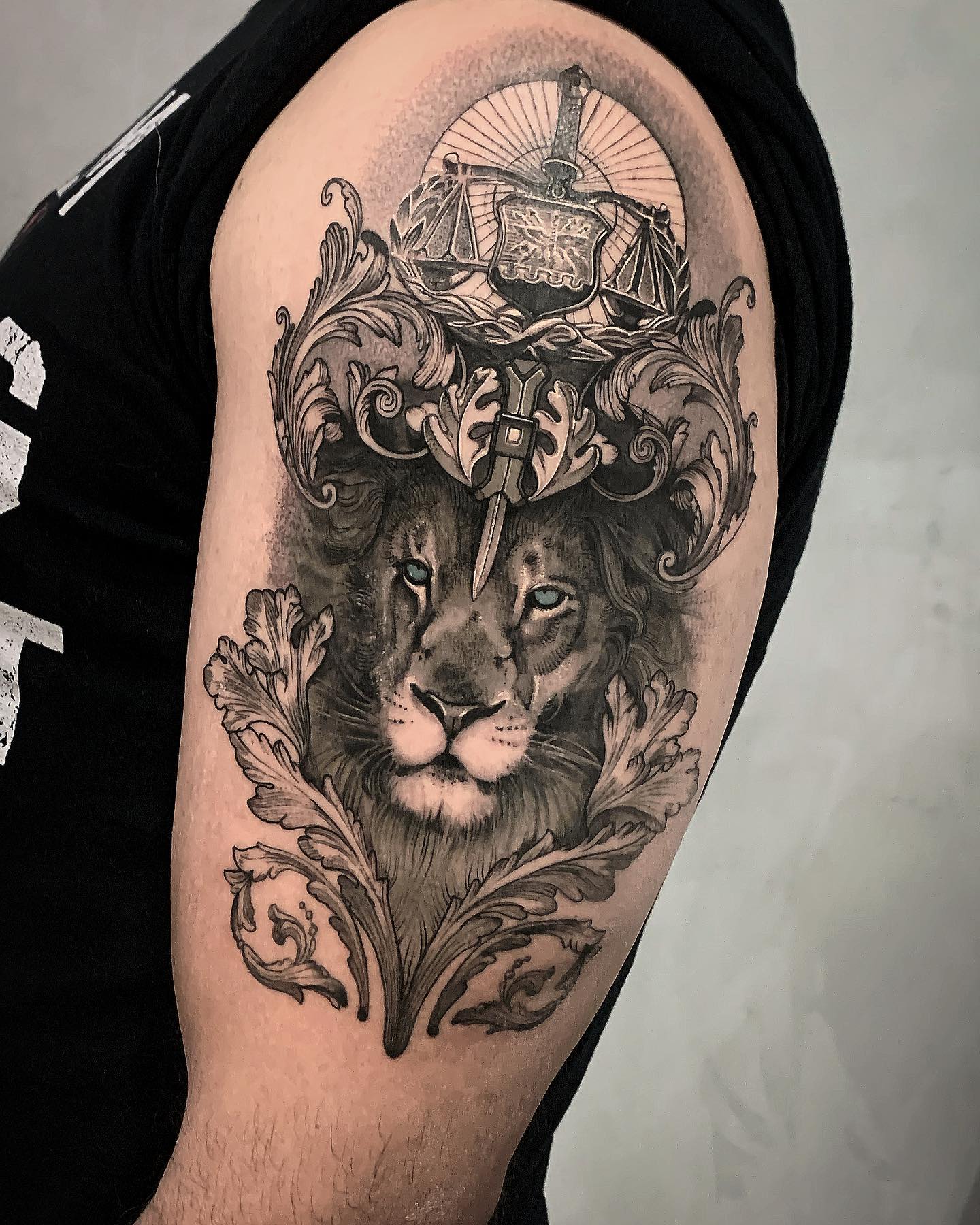 Lion And Scales Of Justice Half Sleeve Tattoo
