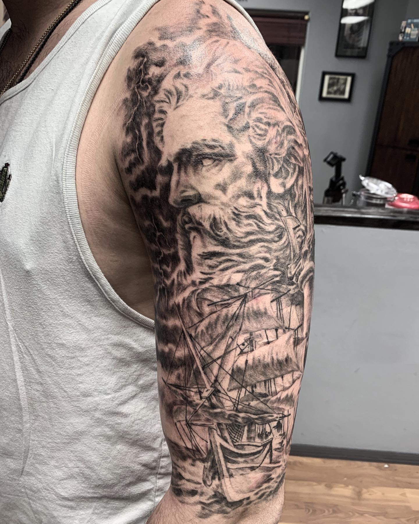 Poseidon And Sailing Ship Half Sleeve Tattoo