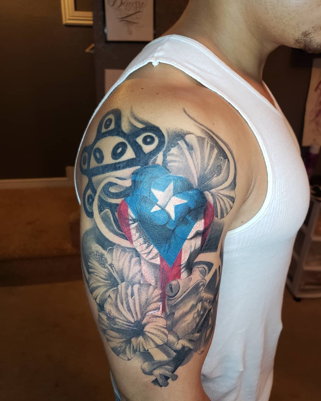 Puerto Rican Heart And Coqui Frog Half Sleeve Tattoo