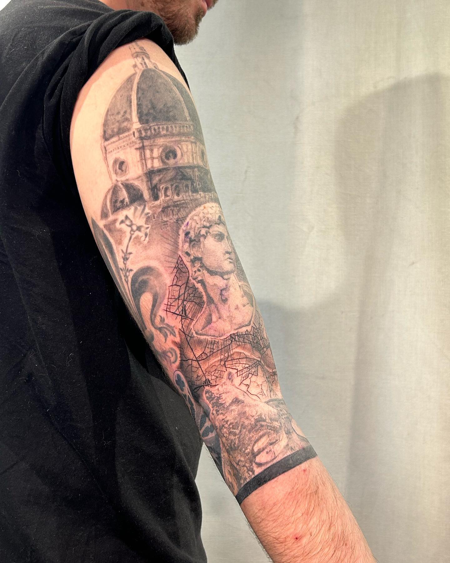 Renaissance Statue And Cathedral Half Sleeve Tattoo