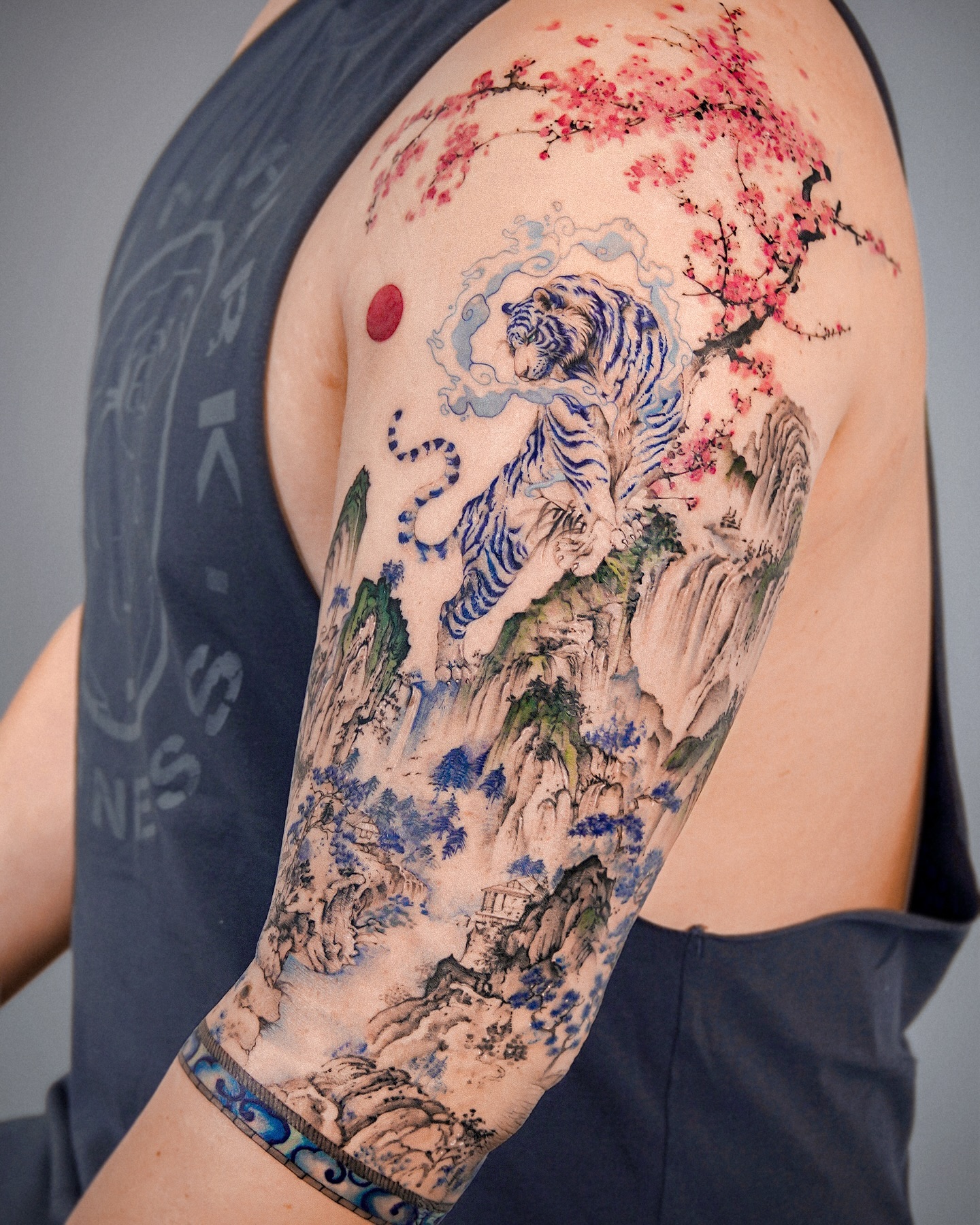 White Tiger Landscape Half Sleeve Tattoo