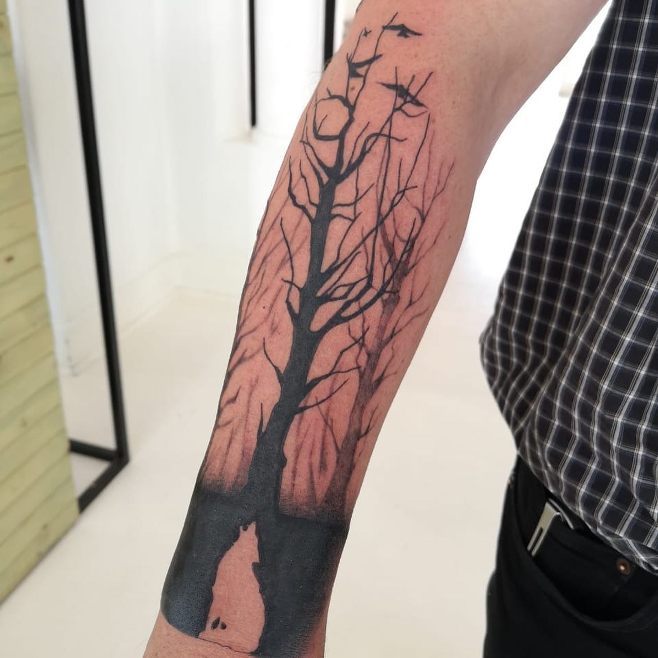 Wolf In Forest Half Sleeve Tattoo