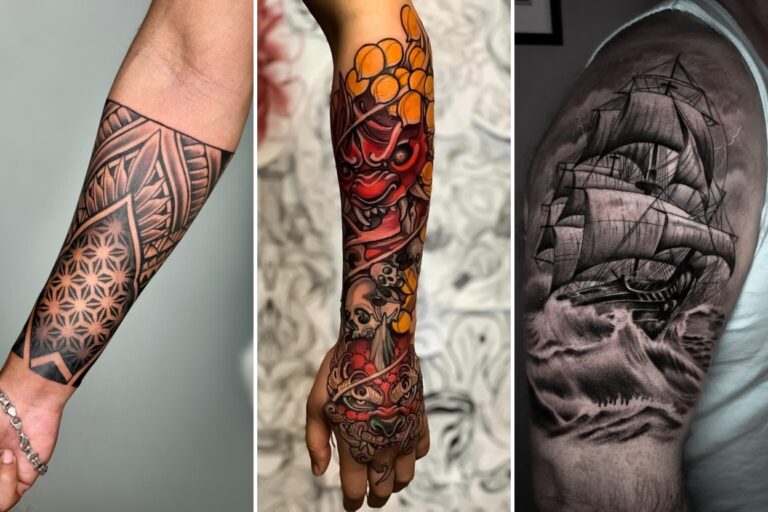 Aesthetic half sleeve tattoos for men and delicate ink ideas collage