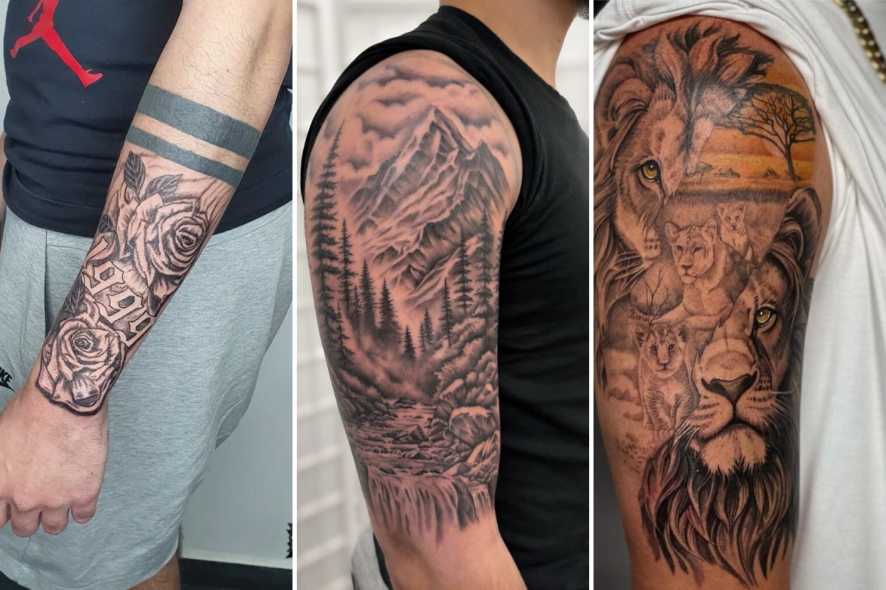 Aesthetic half sleeve tattoos for men and delicate ink ideas collage