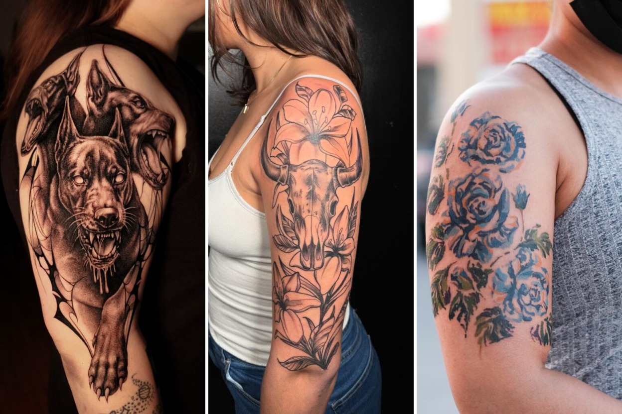 Aesthetic half sleeve tattoos for women and delicate ink ideas collage