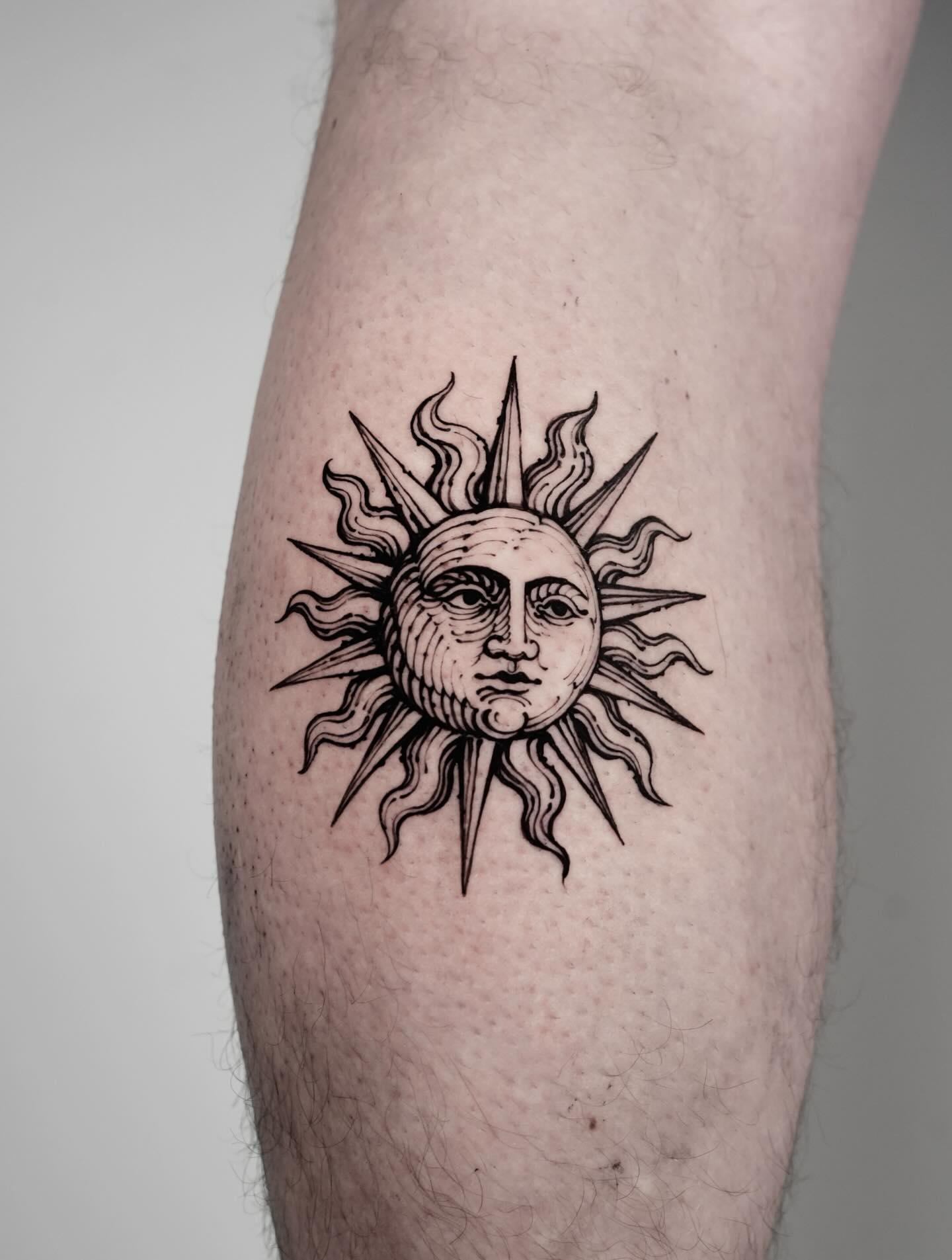 Ornate Celestial Sun Face Tattoo sun tattoos ideas tattoo