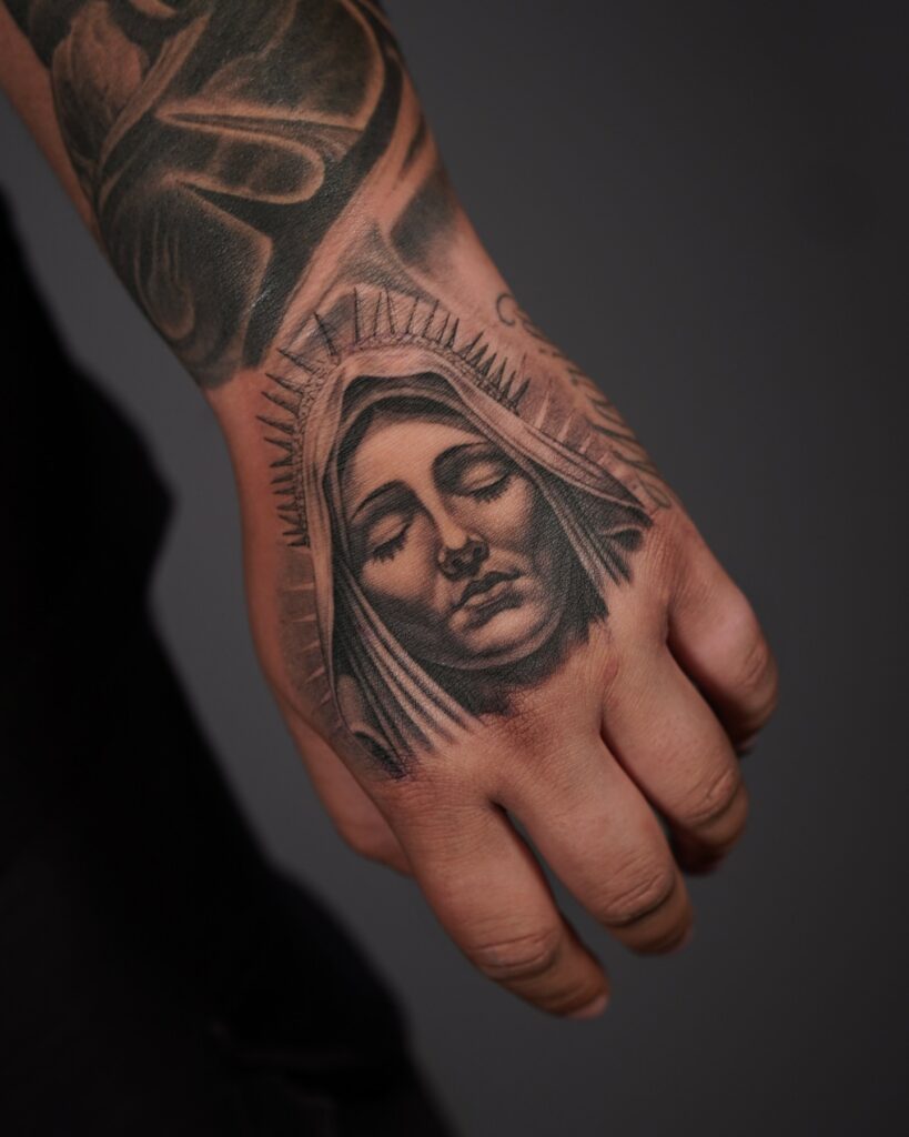 Gothic Virgin Mary Tattoo with Skull Motif virgin mary tattoos tattoo