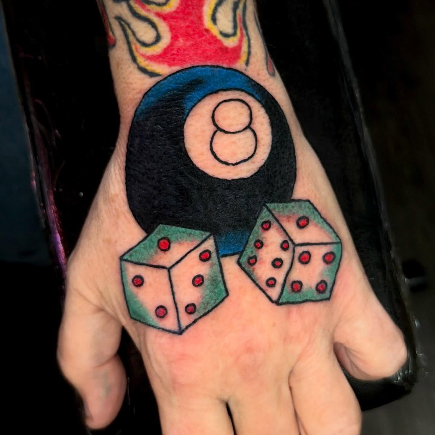Eight Ball And Dice Hand Tattoo