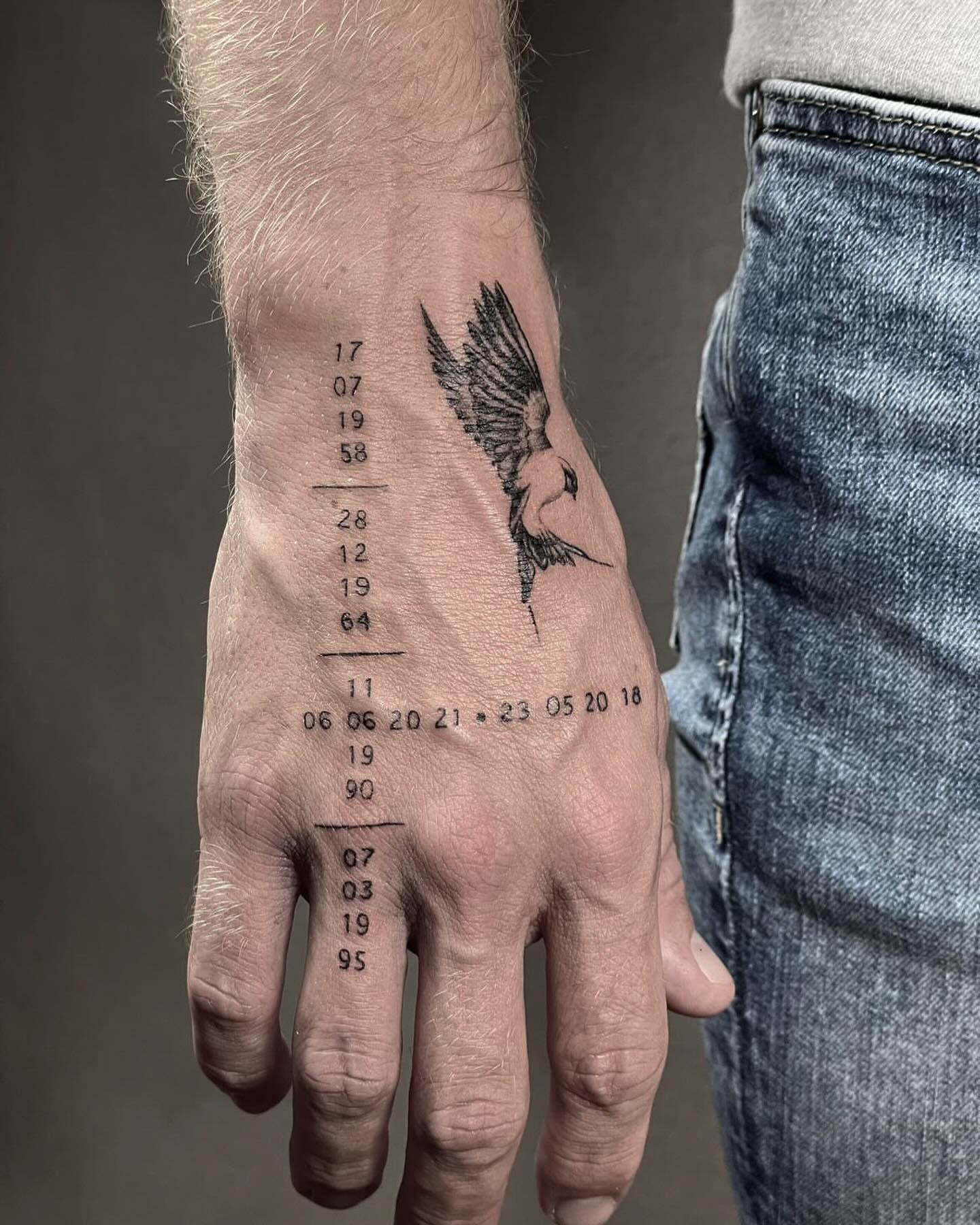 Flying Bird And Birth Date Hand Tattoo