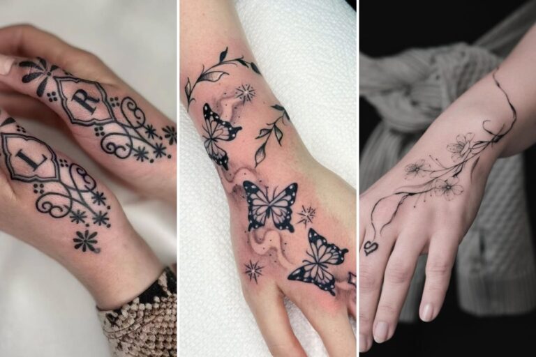 Aesthetic hand tattoos for women and delicate ink ideas collage