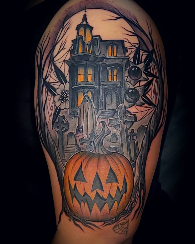 Pumpkin Bouquet With Autumn Leaves Tattoo Design