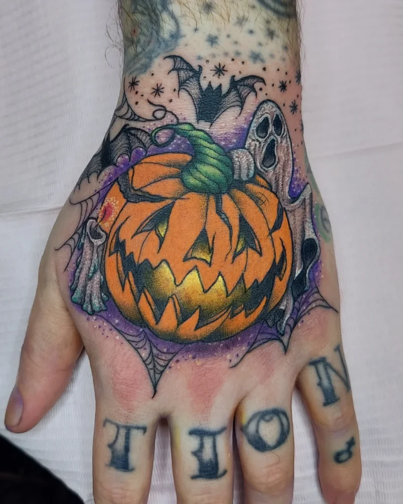 Ghost with Jack O’ Lanterns Tattoo jack o lantern tattoo ideas tattoo