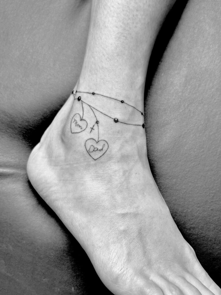 Cherry Blossom Anklet Tattoo With Beaded Chains