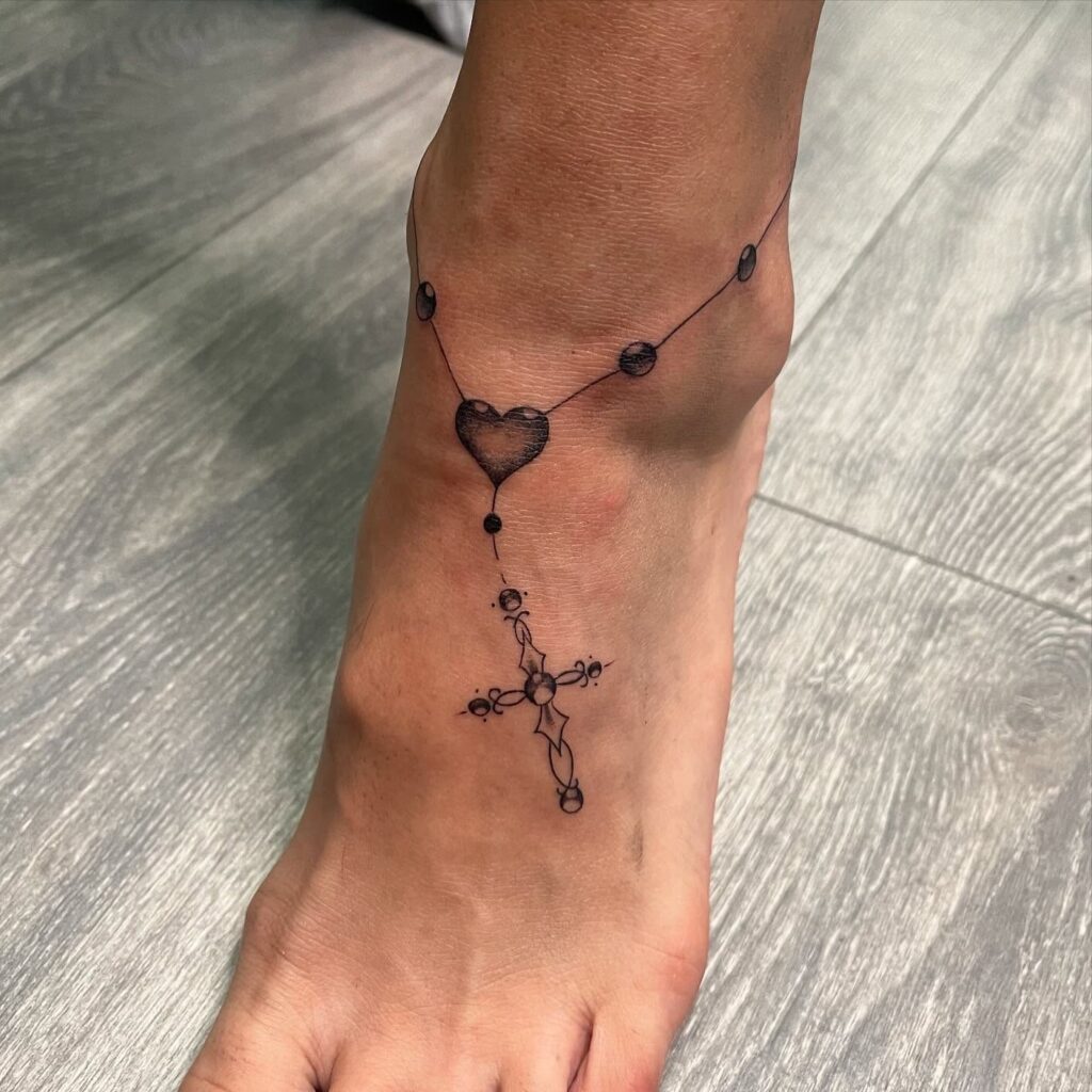 Rosary Name Tribute Arm Tattoo