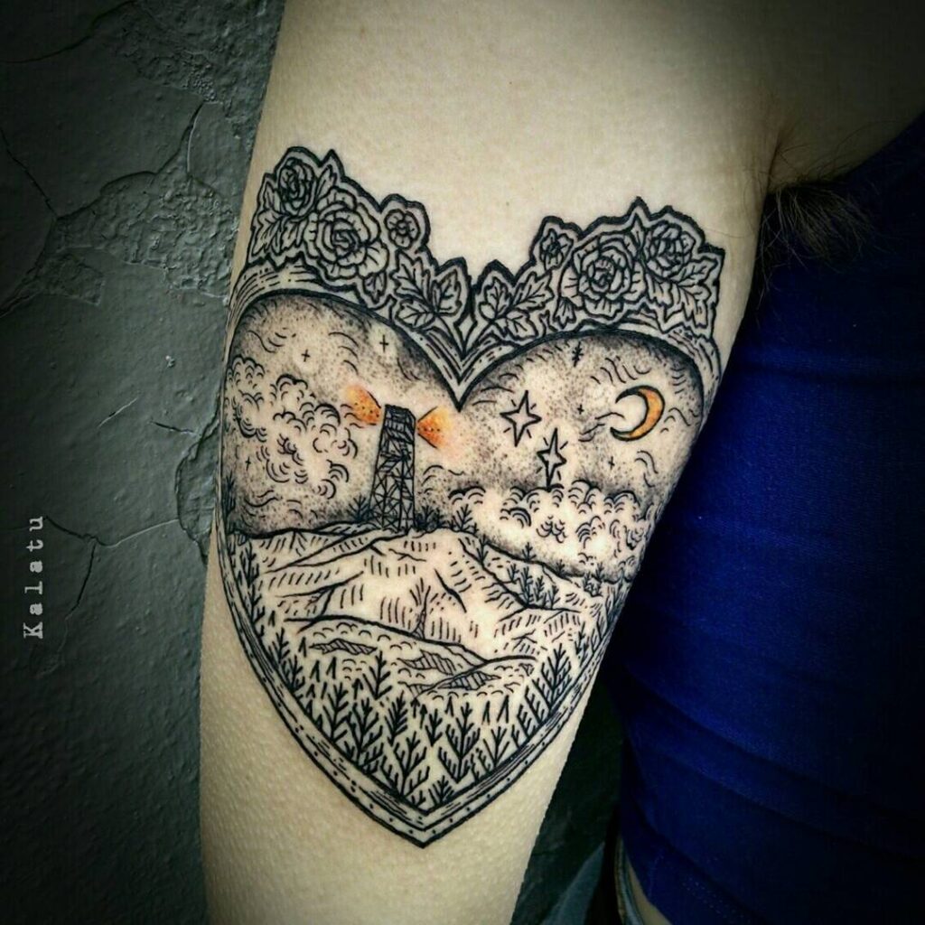 Heart Shaped Forest Fire Lookout Tower nature scene tattoo