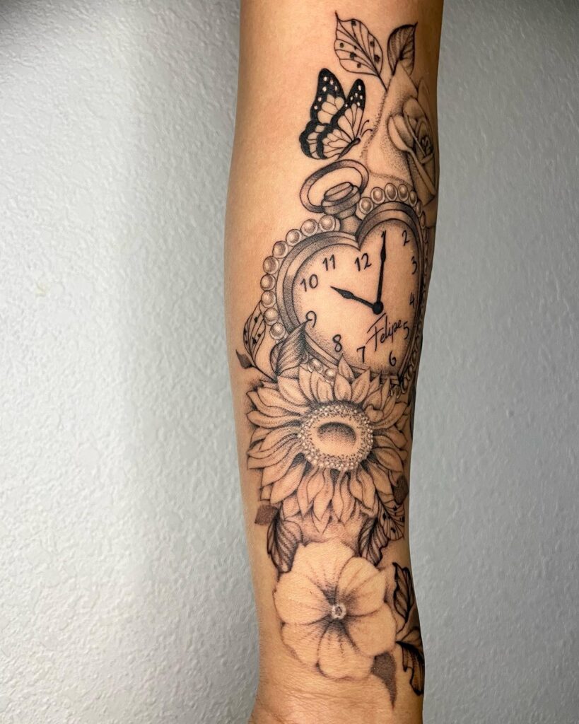 Heart-Shaped Pocket Watch Tattoos with Roses and Dates pocket watch tattoos tattoo