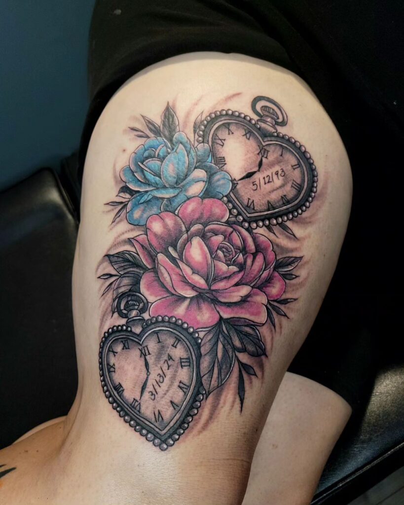 Heart-Shaped Pocket Watch and Floral Forearm Tattoo pocket watch tattoos tattoo