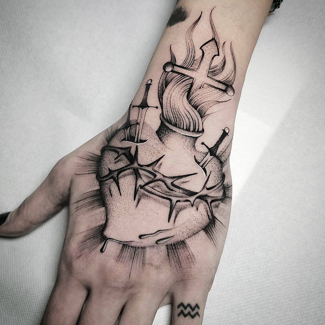 Sacred Heart With Cross And Crown Of Thorns Tattoo