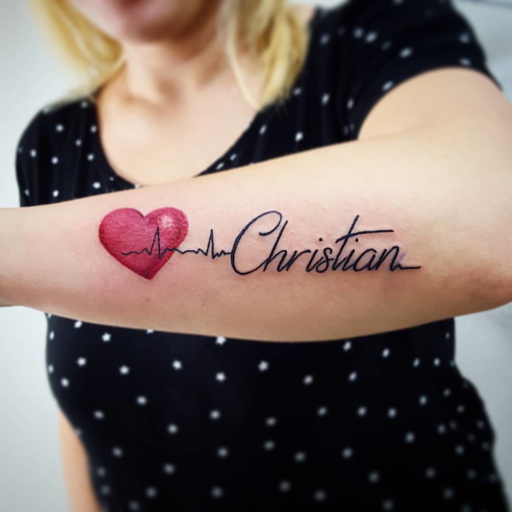 Heartbeat Name Tattoo with Red Heart