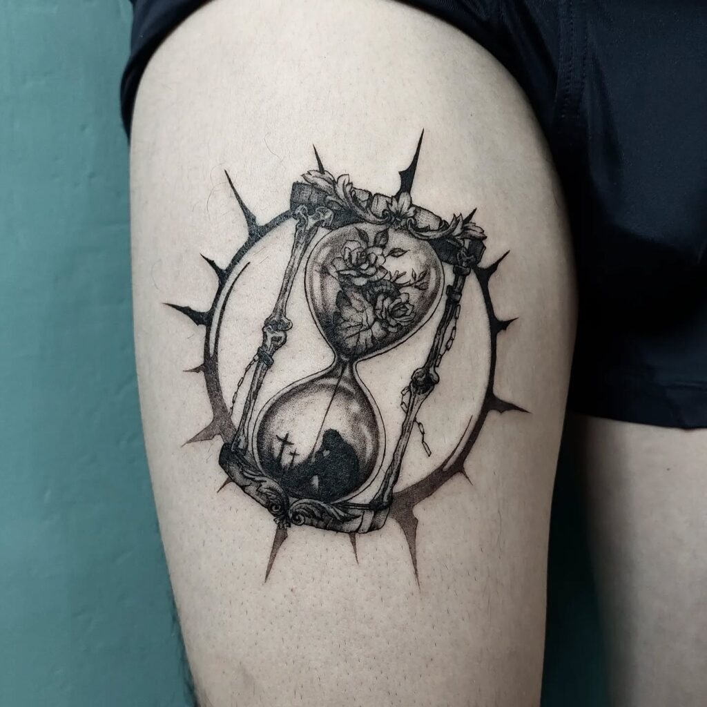 Heartfelt Hourglass with Flowers and Thorns hourglass tattoo ideas tattoo