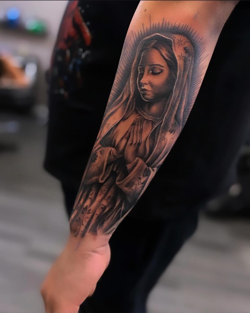 Elegant Virgin Mary and Roses Tattoo virgin mary tattoos tattoo