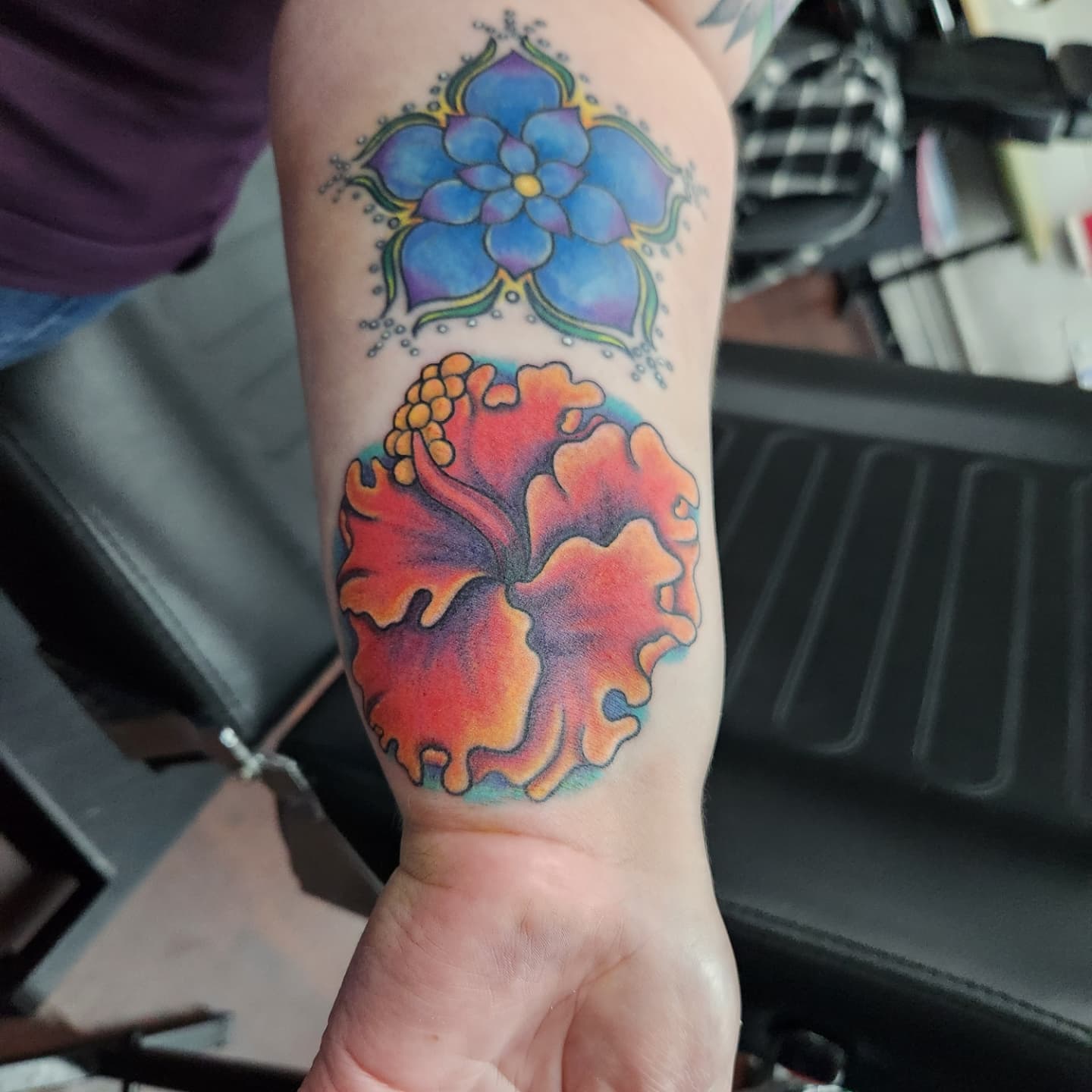 Hibiscus and Lotus Flower Sleeve Tattoo