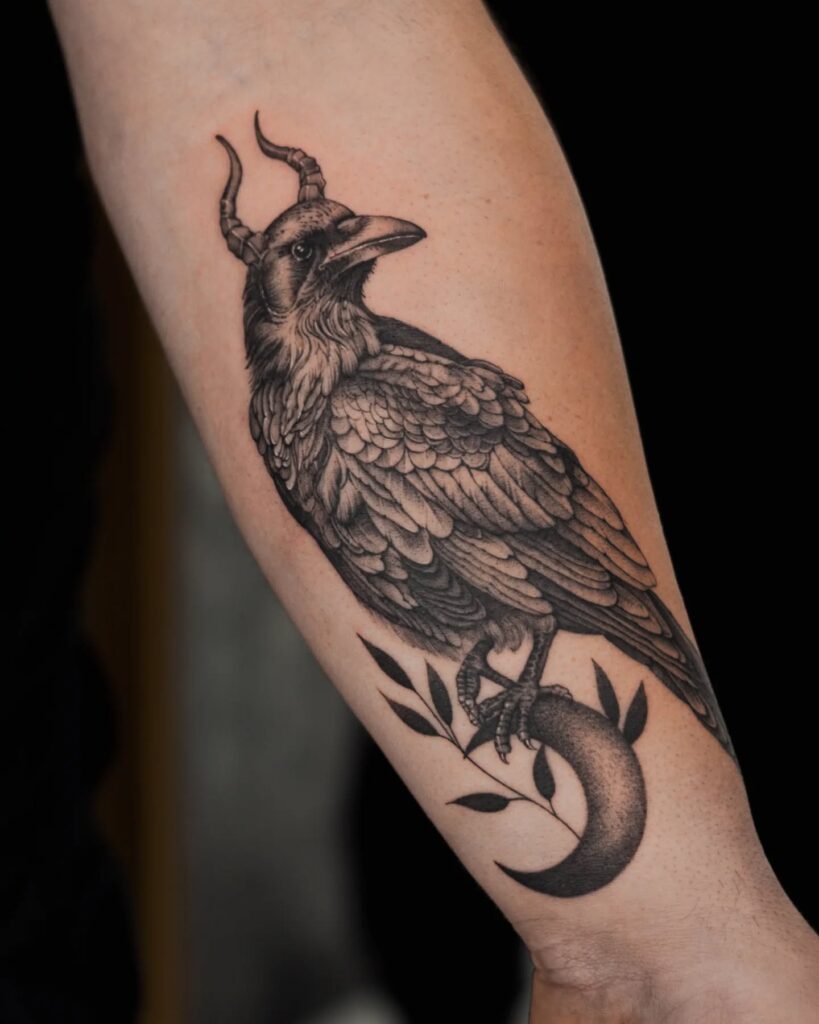Mystical Raven And Crescent Moon Tattoo