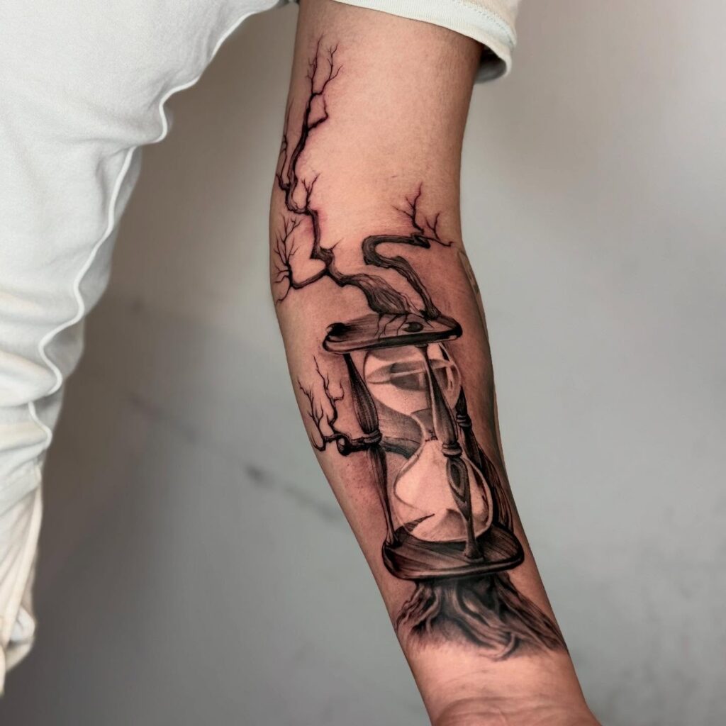 Hourglass and Tree Forearm Tattoo hourglass tattoo ideas tattoo