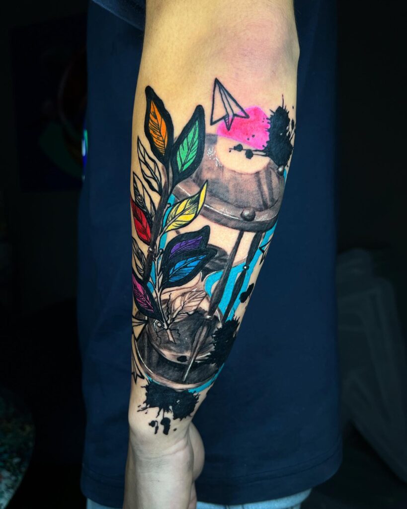 Hourglass and Watercolor Leaves Half Sleeve Tattoo half sleeve tattoos for men tattoo