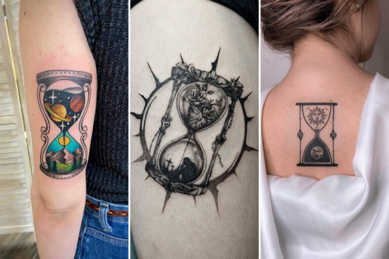 Aesthetic hourglass tattoo ideas and delicate ink ideas collage