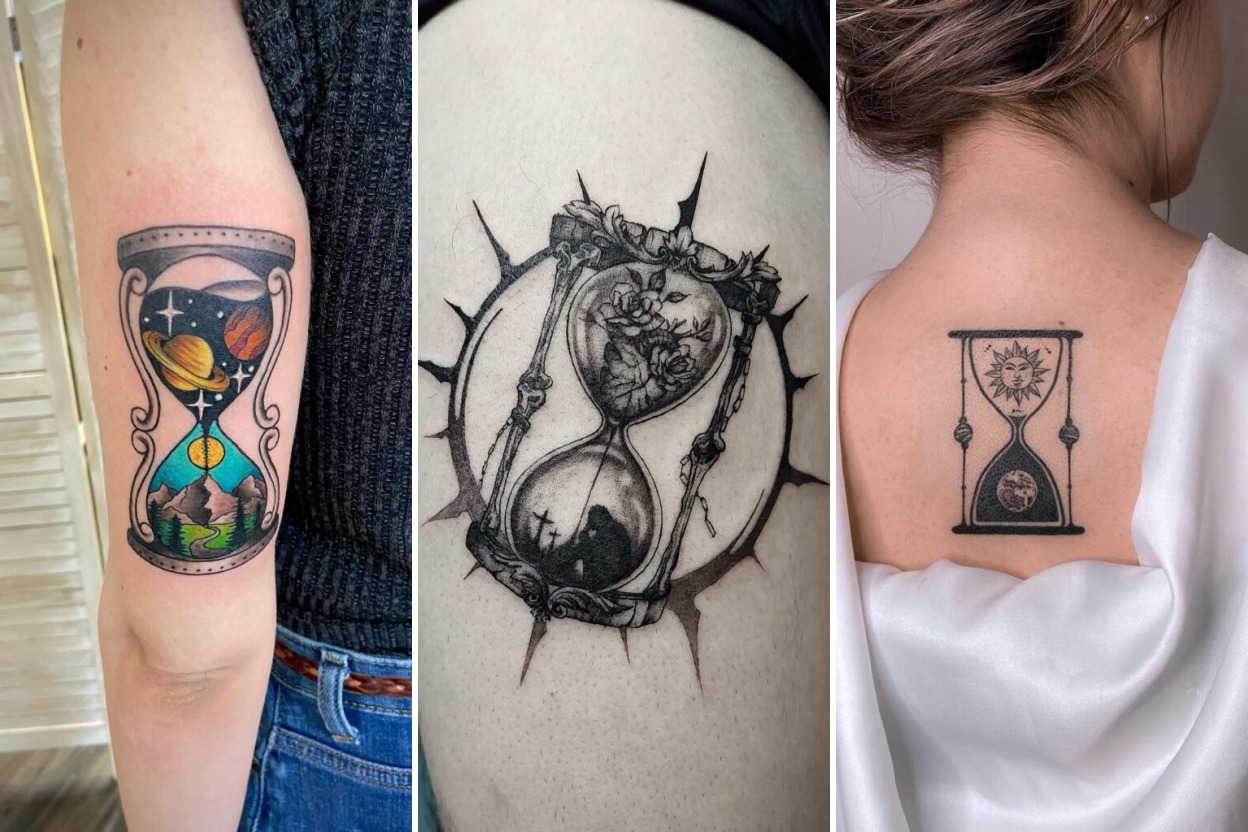 Aesthetic hourglass tattoo ideas and delicate ink ideas collage