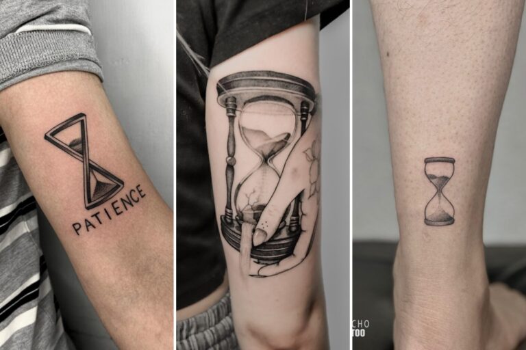 Aesthetic hourglass tattoo ideas and delicate ink ideas collage