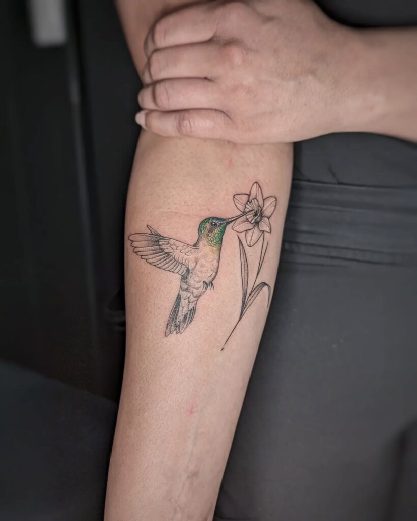 Hummingbird and Daffodil Forearm Tattoo hummingbird tattoos tattoo