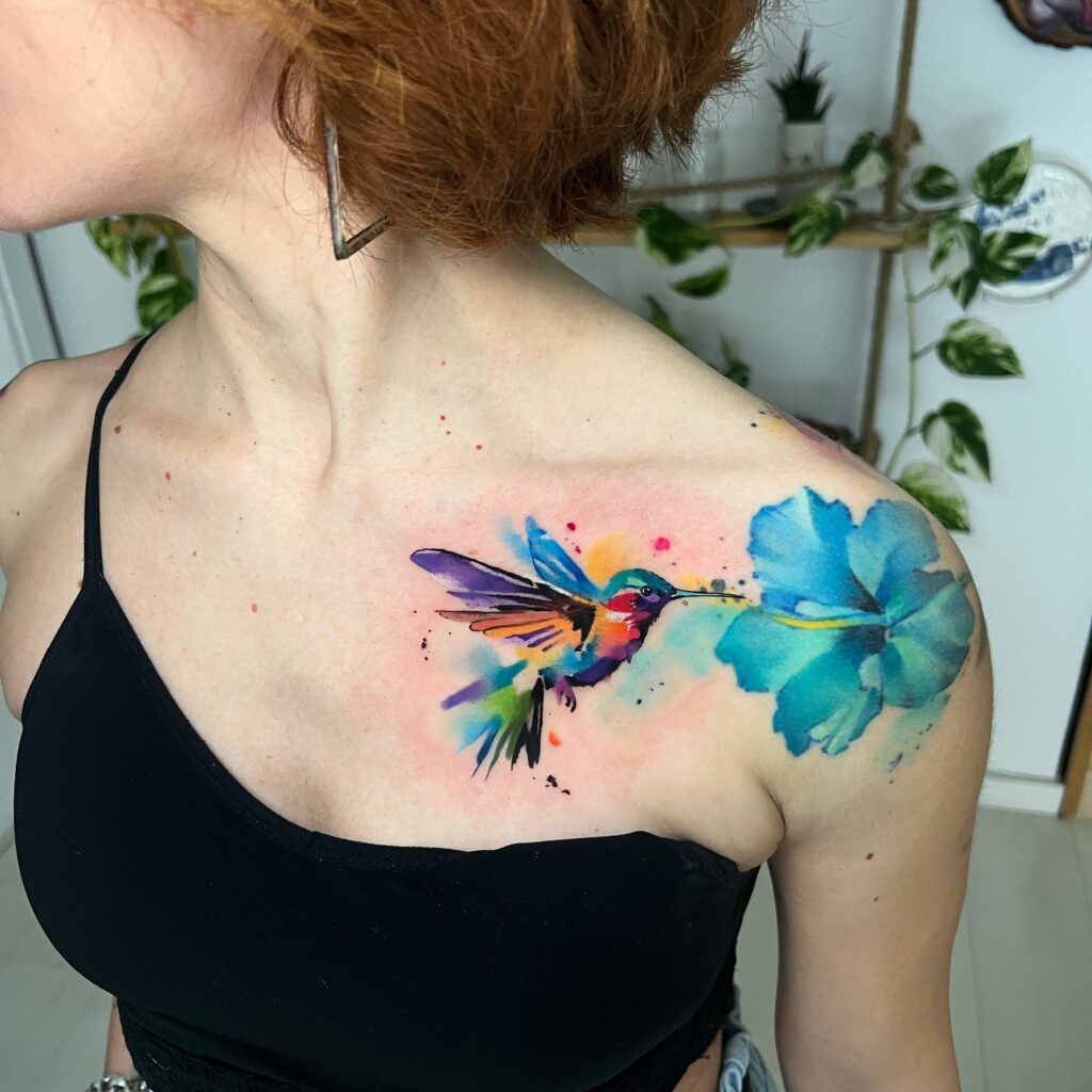 Hummingbird and Hibiscus Watercolor Tattoo hummingbird tattoos tattoo