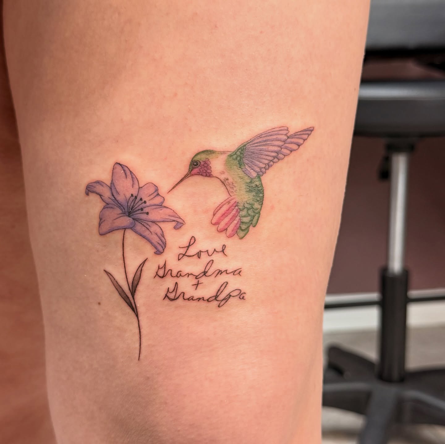Hummingbird and Lily Memorial Tattoo hummingbird tattoos ideas tattoo